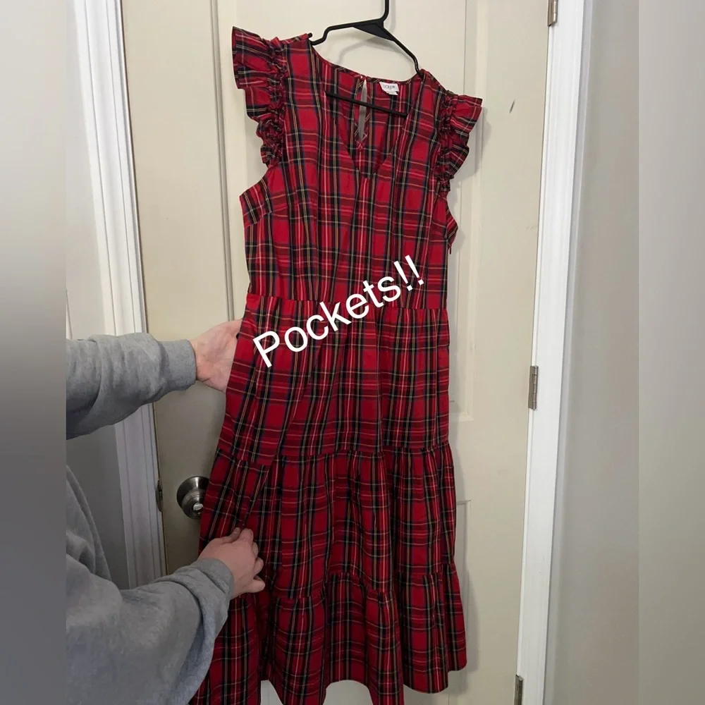J Crew ruffle tiered dress - HAS POCKETS! PLAID / SIZE 14 - Picture 4 of 9